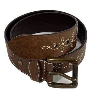 OLGA SANTINI Leather Brass Belt Womens S Brown Embroidered BOHO Coastal Cowgirl